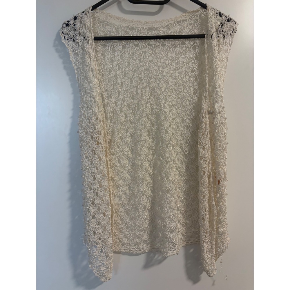 Vintage 90s Beaded Pearl Crochet Vest‎ Ivory Open Knit Sleeveless Cardigan Boho